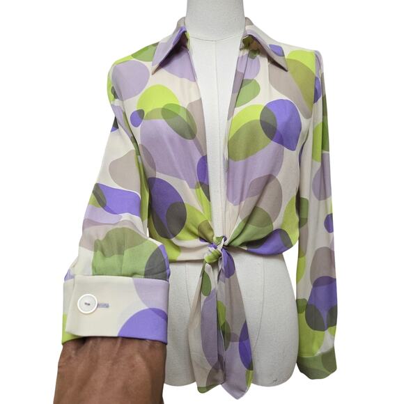 Maggy London Women Vtg 90s Y2K Maximalist Mod Retro Sheer Silk Tie Front Top 8 - Picture 3 of 8